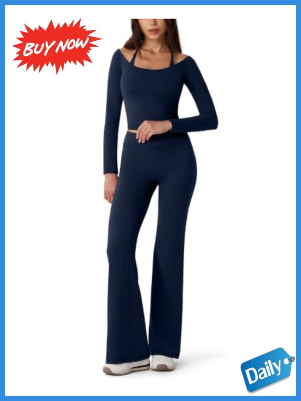2 Piece Workout Set Off Shoulder Long Sleeve Top with Built-in Bra and Flare